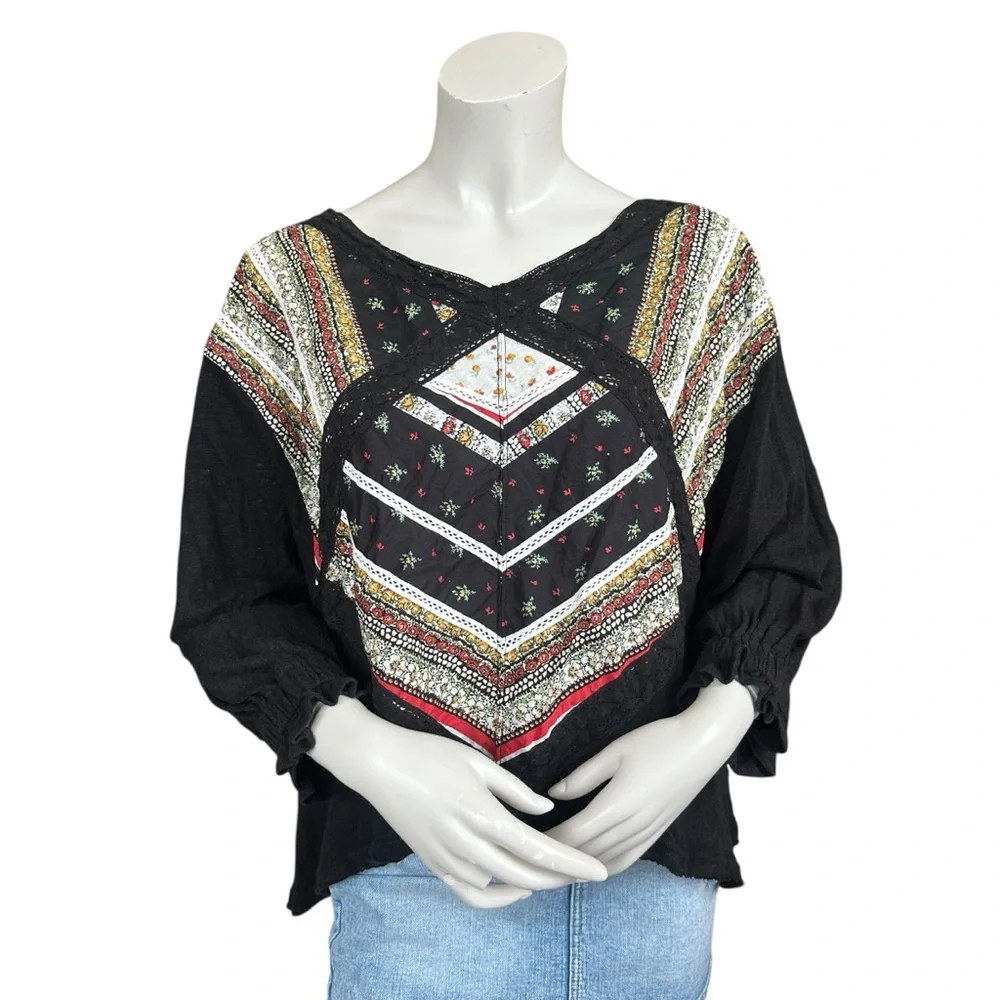 Free People Prairie Days Black & Floral Rustic Boho Linen Cotton Blouse Small